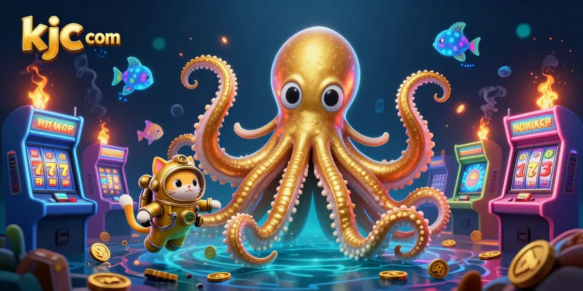 Play engaging games at kjc com with a vibrant kraken and vintage diving cat illustration
