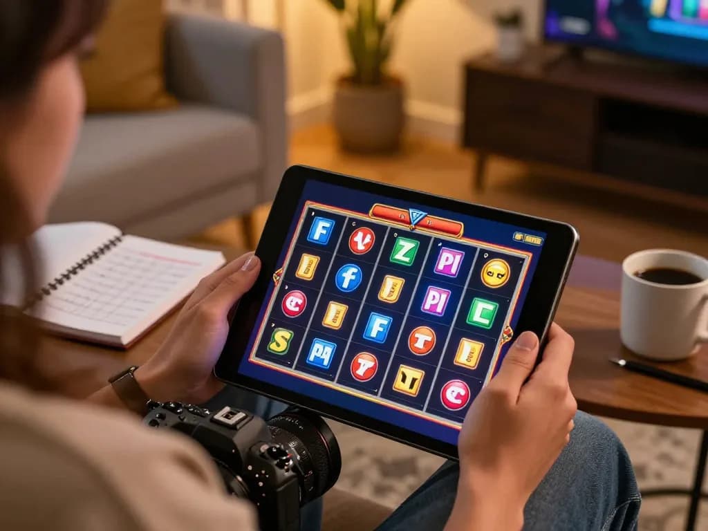 Pemain Hoki77 menikmati permainan slot langsung di tablet, menampilkan suasana bermain di rumah yang nyaman.