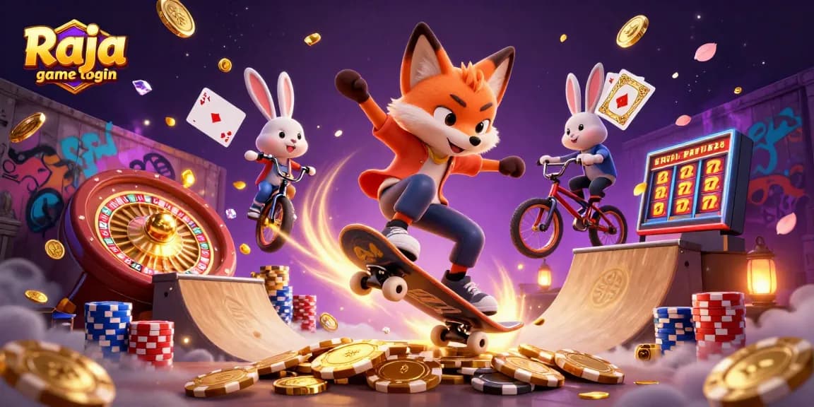 Experience the excitement of Raja game login with a dynamic 3D illustration featuring casino symbols and vibrant characters.