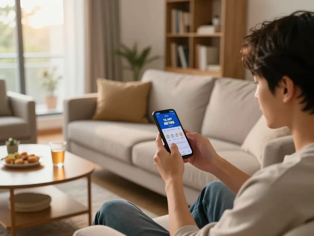 Tải APP NET88 mobile gaming experience on smartphone in cozy living room setting