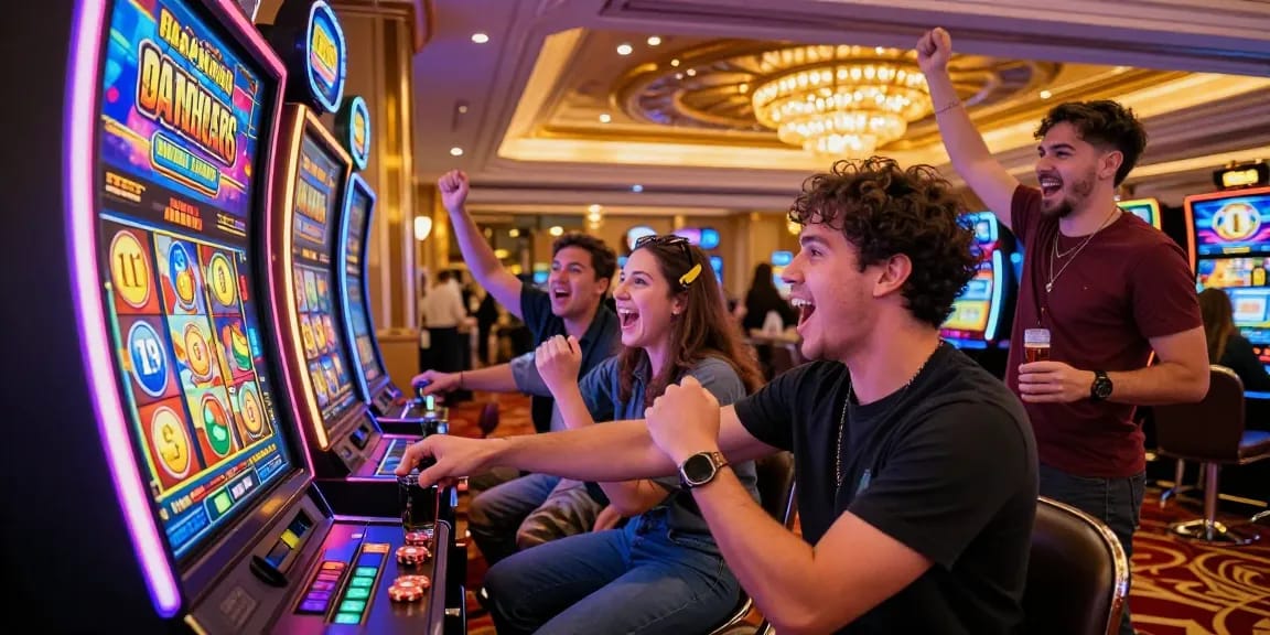 Exciting gaming scene featuring friends at a slot gacor machine.