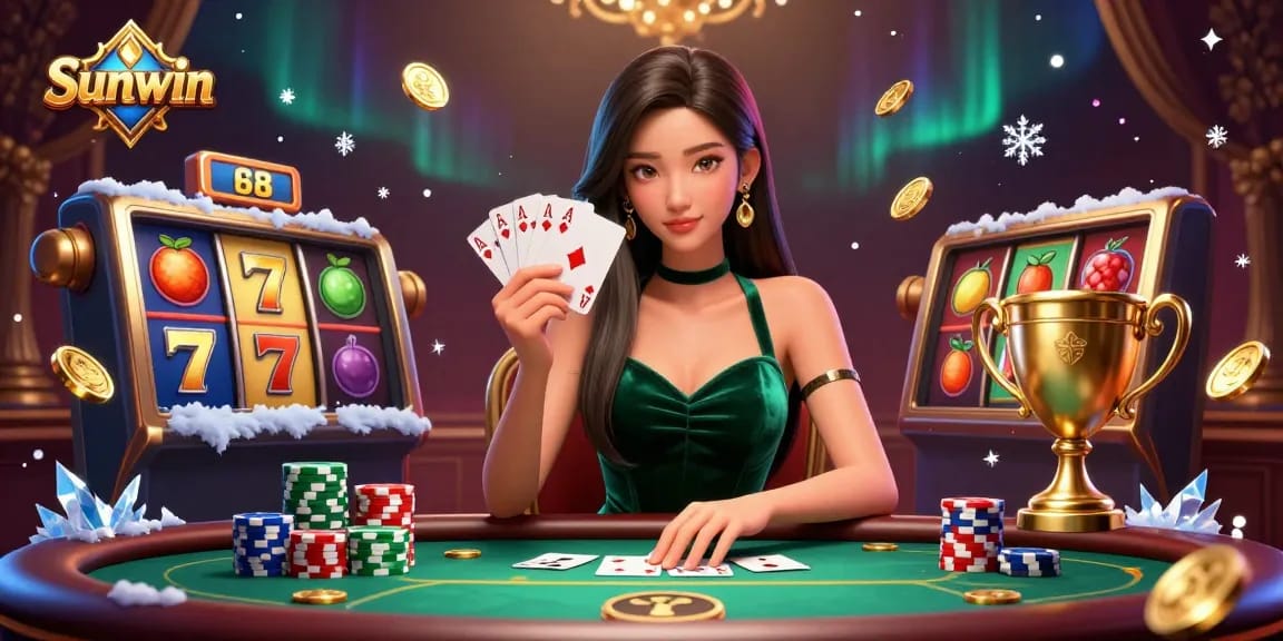 Experience excitement at Sunwin with vibrant slot reels and a focused poker player.
