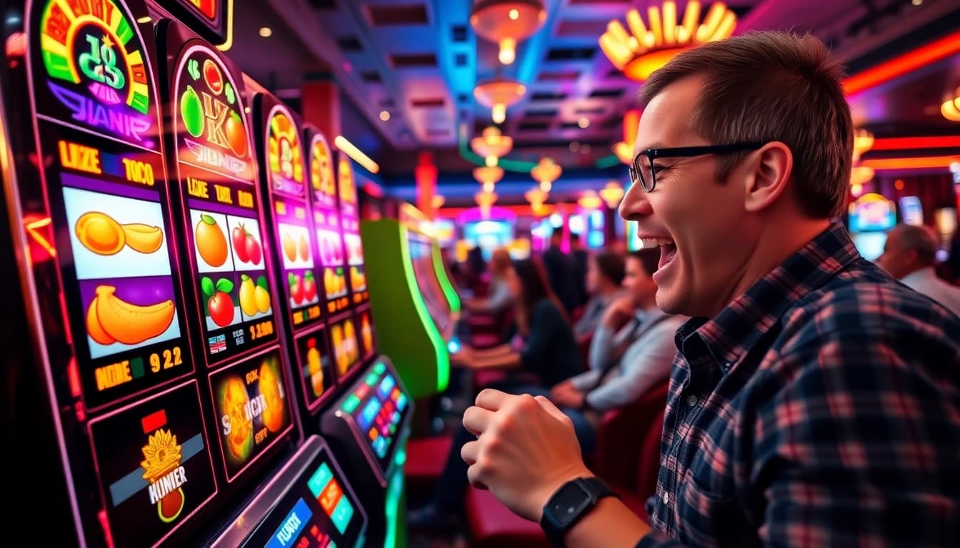 Engaging player at a slot machine, celebrating as38 slot gacor terbaru hari ini victory in a lively casino atmosphere.