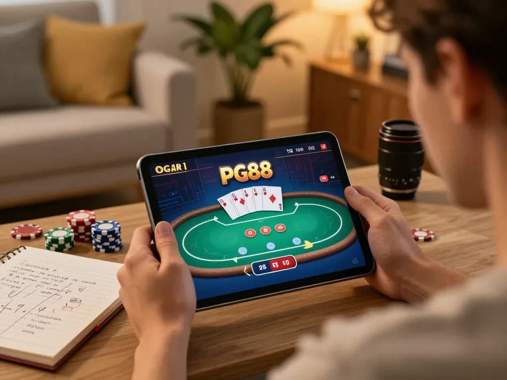 Player engaging in PG88 online poker game on tablet in a cozy living room setting.