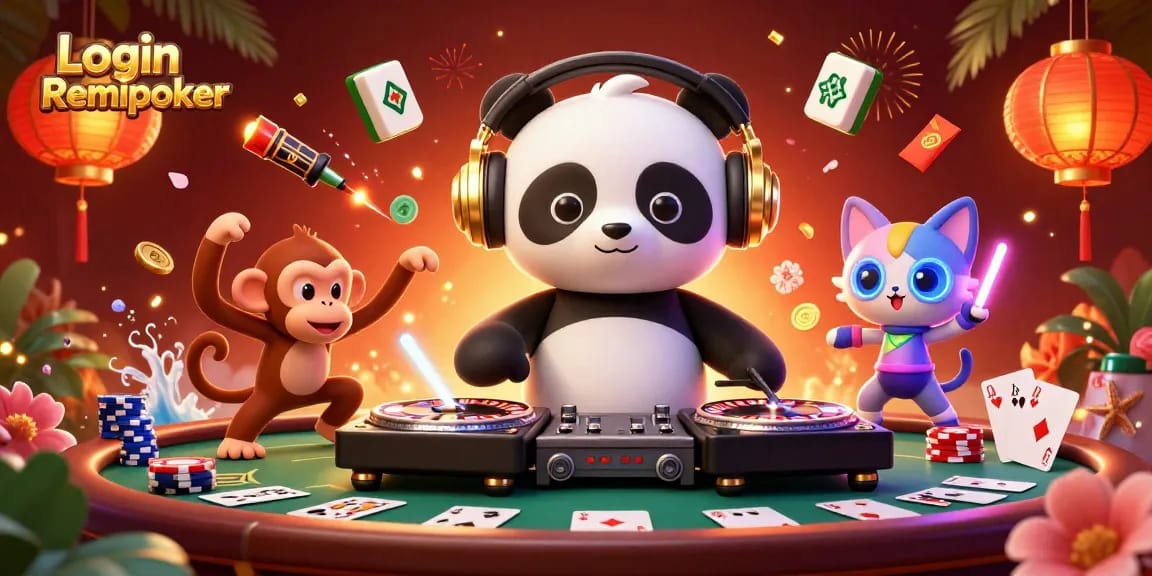 Engage with Login Remipoker through immersive 3D casino illustration showcasing poker and vibrant characters in action.