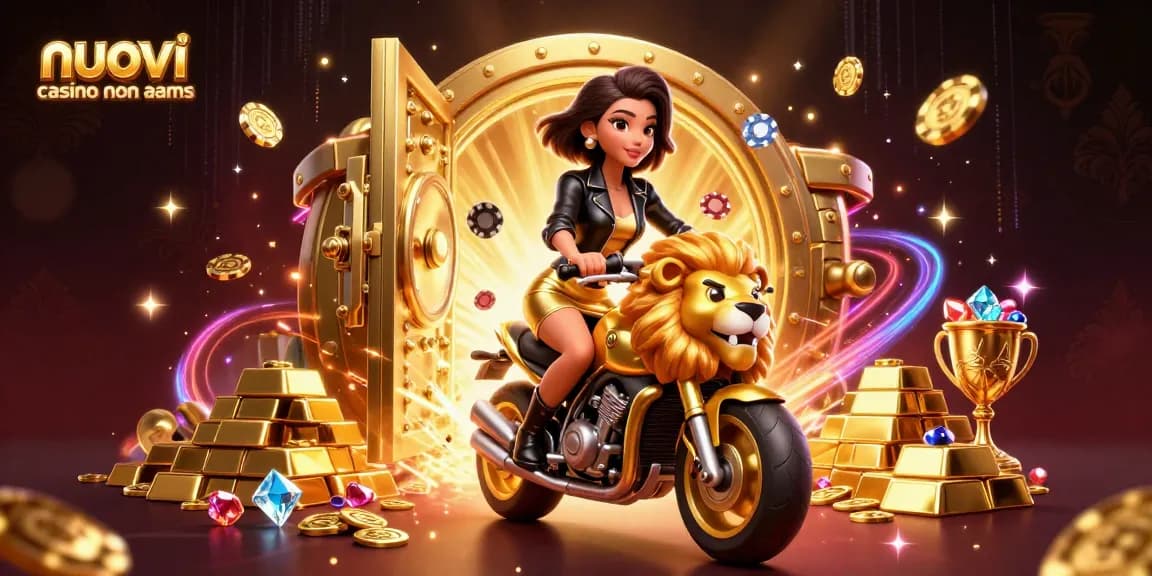 Sperimenta l'emozionante azione dei nuovi casino non AAMS con un'illustrazione 3D potente di una donna elegante su un leone dorato.