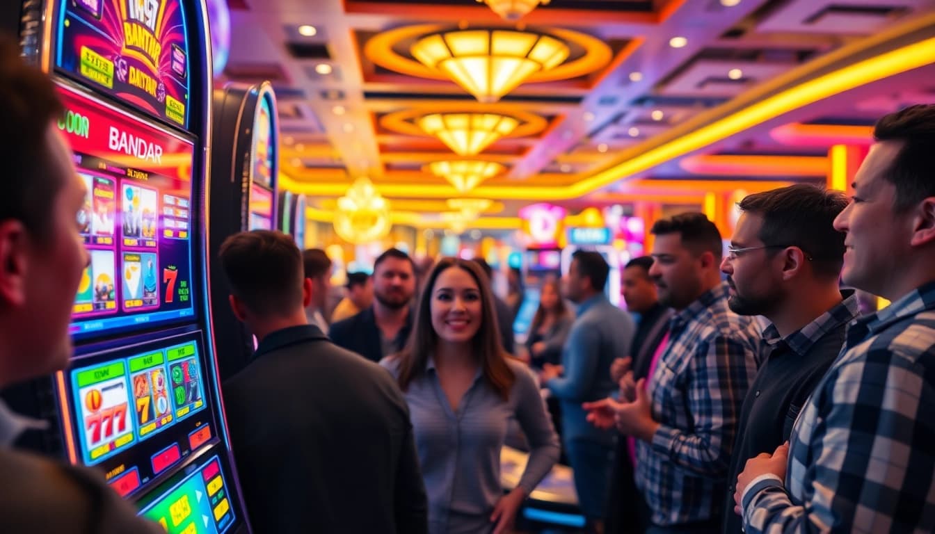 Menangkan besar di bandar slot dengan mesin yang penuh warna dan pemain antusias.