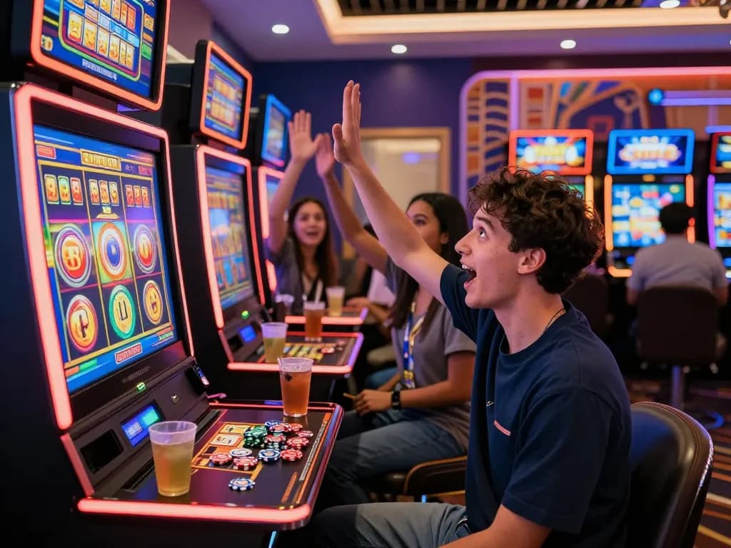 Exciting online gambling atmosphere with slot bet 200 players enjoying vibrant game graphics and celebrating wins.