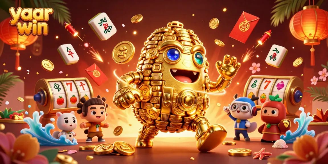 Engage with the exciting yaar win casino scene featuring a golden golem and vibrant slot symbols.