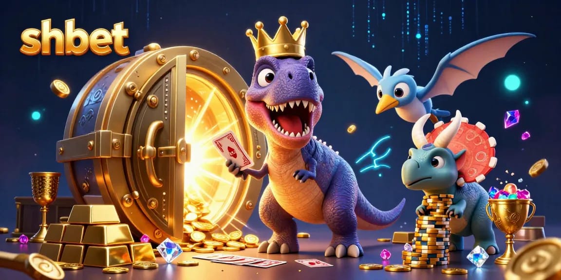 Engaging shbet illustration of a card-playing T-Rex and assisting characters in a vibrant casino scene.