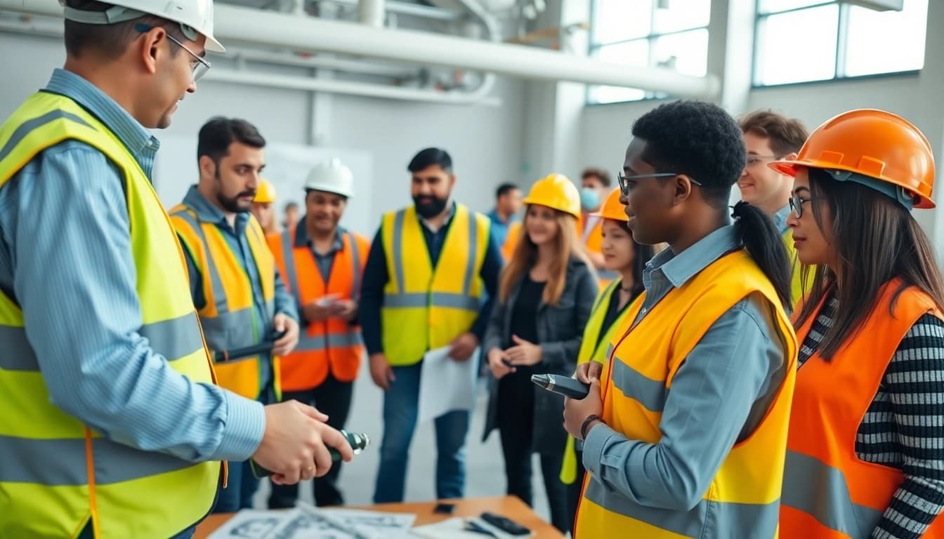 Engaged participants in construction training demonstrating skills in a professional workshop setting.