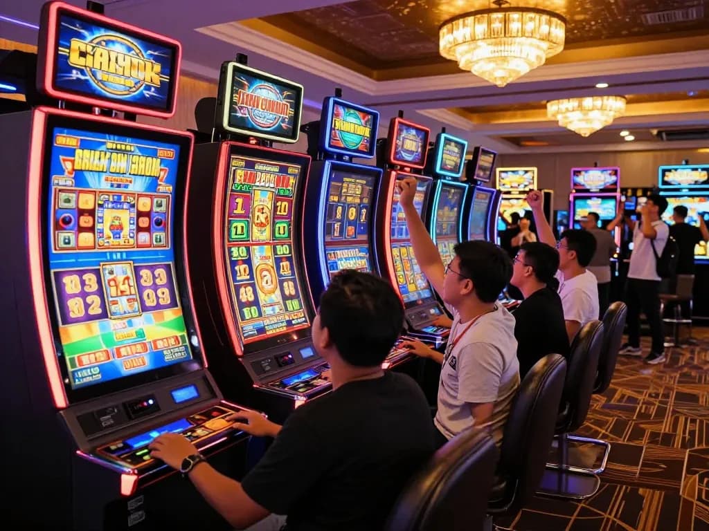 Players engaging with slot gacor machines in a lively casino atmosphere, celebrating wins with excitement.