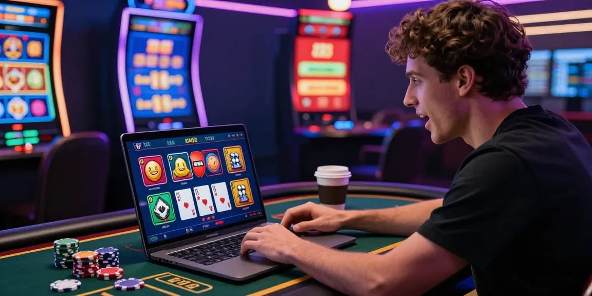 Engaged player at an online casino with colorful gaming icons, showcasing https://lctltd.co.uk in a dynamic gaming atmosphere.