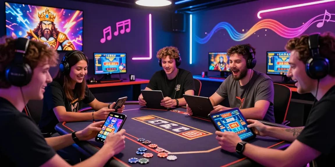 Players enjoying Slot Zeus game on mobile devices in a vibrant gaming lounge atmosphere.