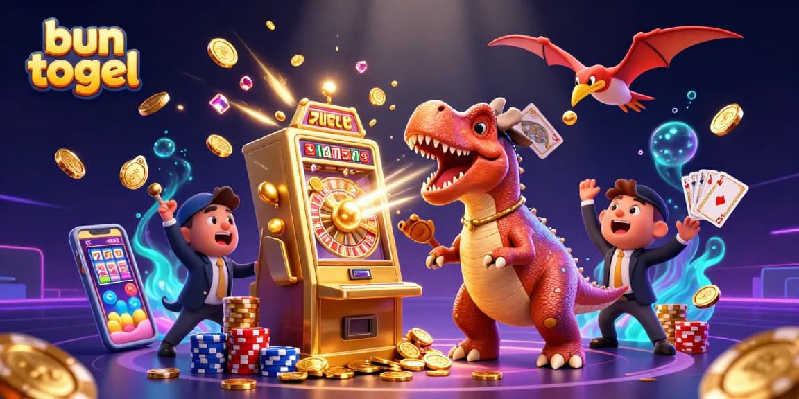 Pemain bun togel menang jackpot dari mesin slot dengan koin emas berhamburan.