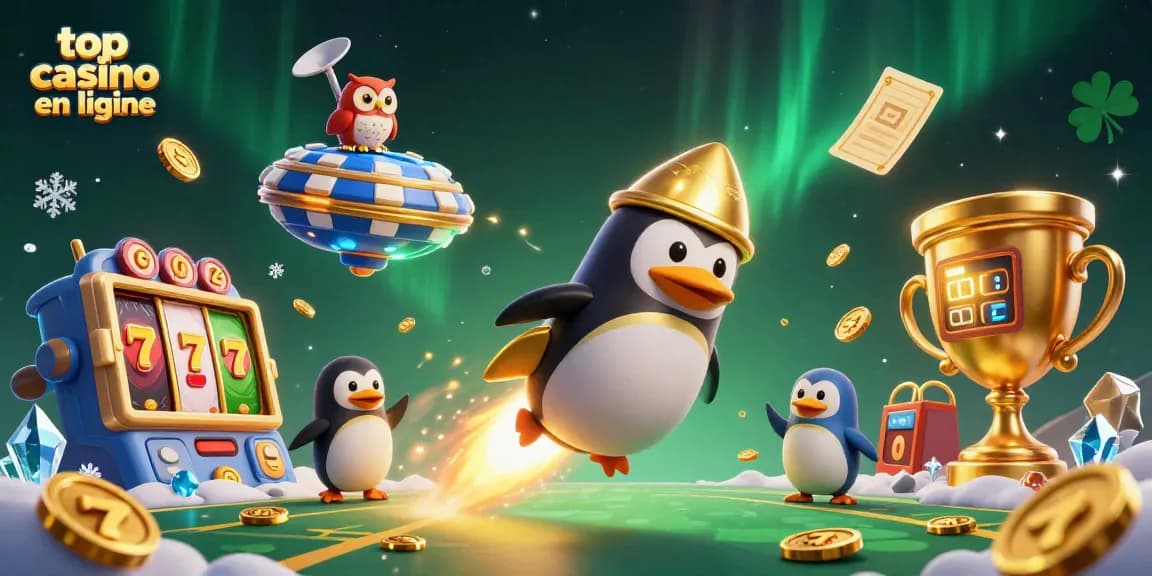 Jouez au top casino en ligne avec un pingouin doré propulsé dans l'espace, entouré de pièces d'or et de machines à sous.