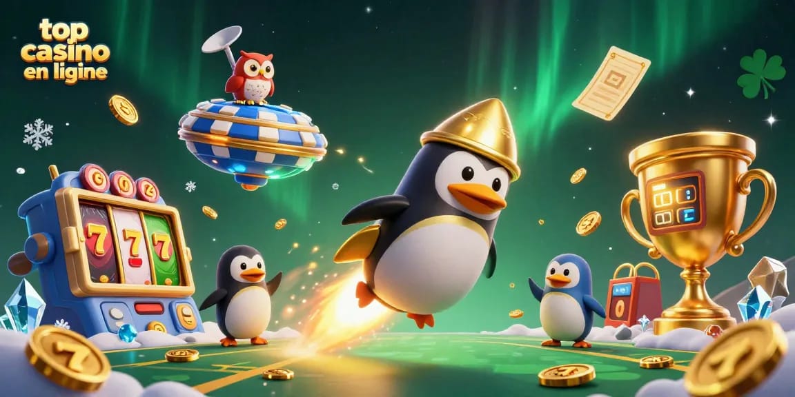 Jouez au top casino en ligne avec un pingouin doré propulsé dans l'espace, entouré de pièces d'or et de machines à sous.