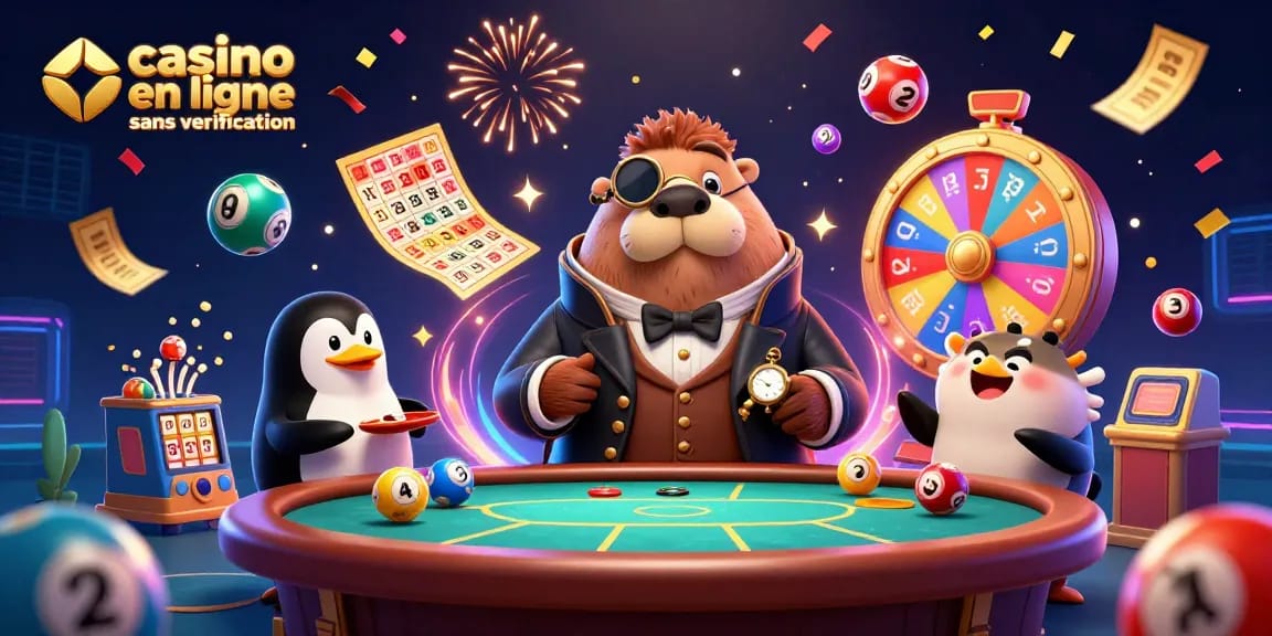 Jouez dans un casino en ligne sans vérification avec une illustration de morse, pingouin et poisson-globe.