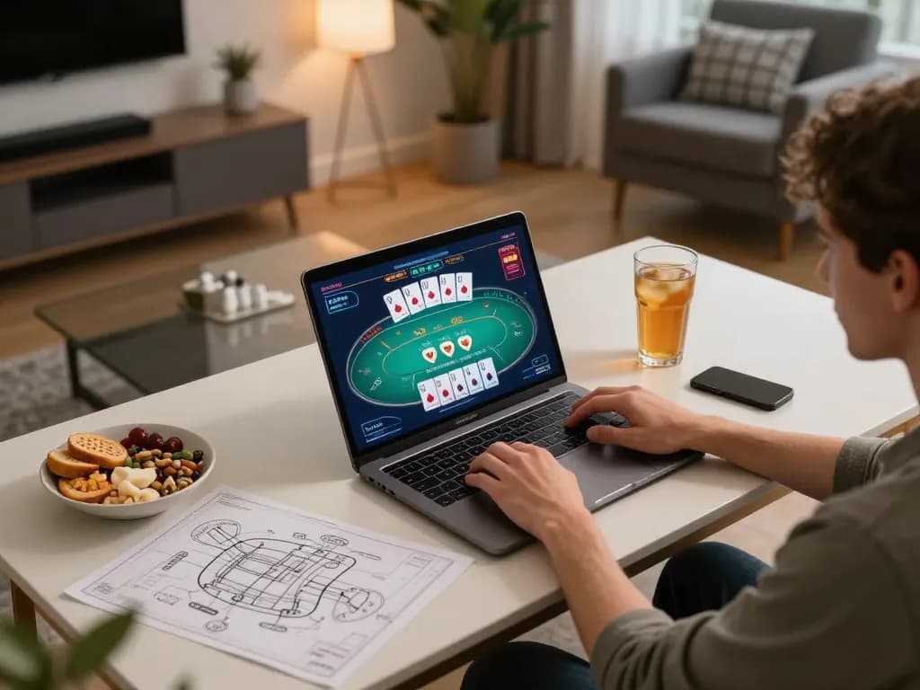 Engaged player exploring mm88pc online casino games in a cozy home setup with strategy notes