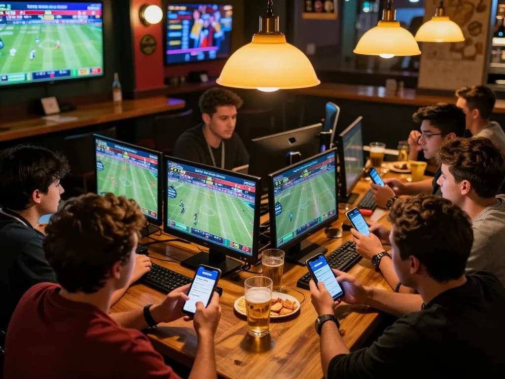 Friends engaging in sports betting using iwinclub app in lively bar, analyzing odds dynamically.