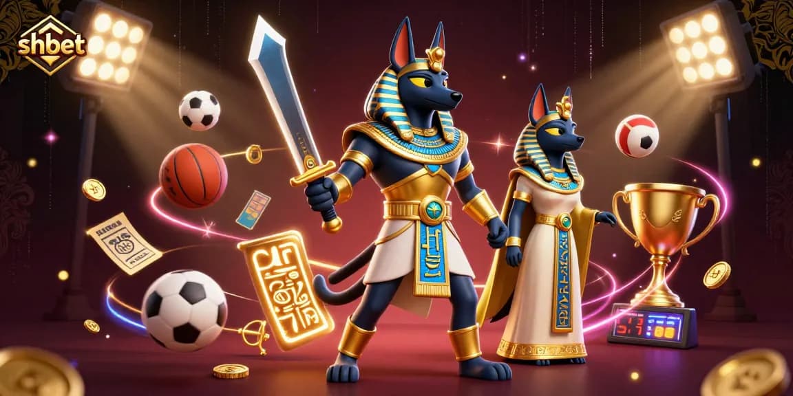 Betting with shbet in a vibrant 3D casino scene featuring Anubis and Bastet with dynamic sports elements.