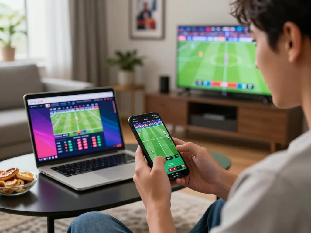 Excited user placing live bets on uu88 sports betting app in a cozy home environment.