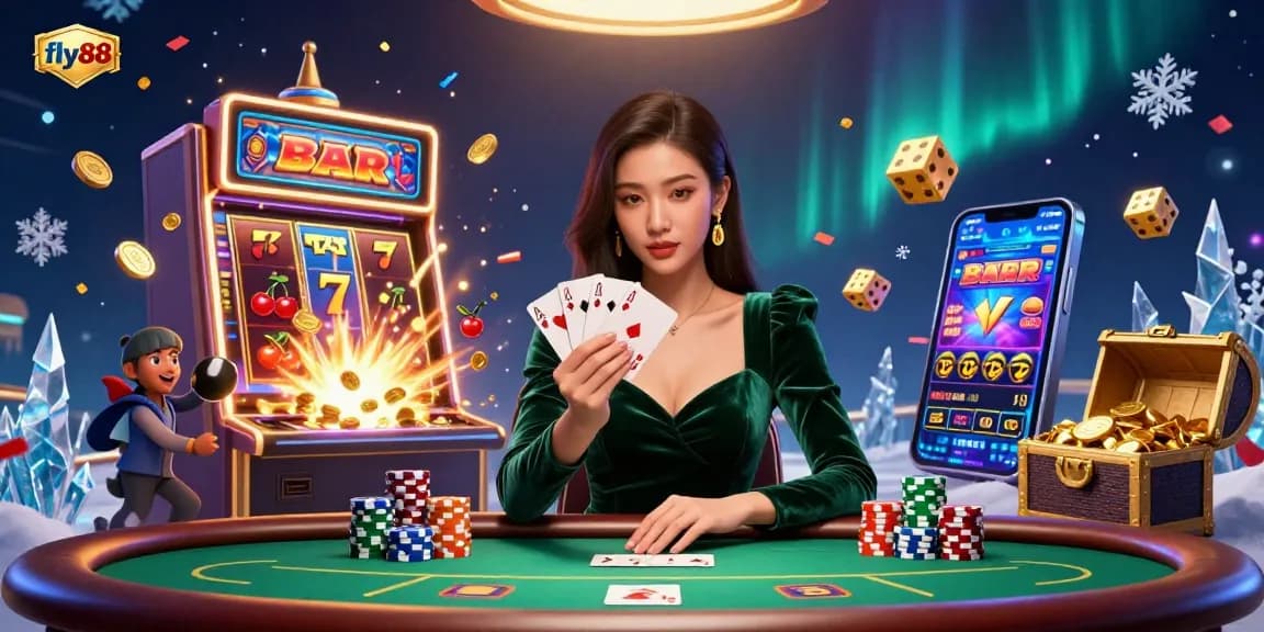 Engage in thrilling poker strategies at fly88 with a stunning Asian dealer amidst energetic casino elements.