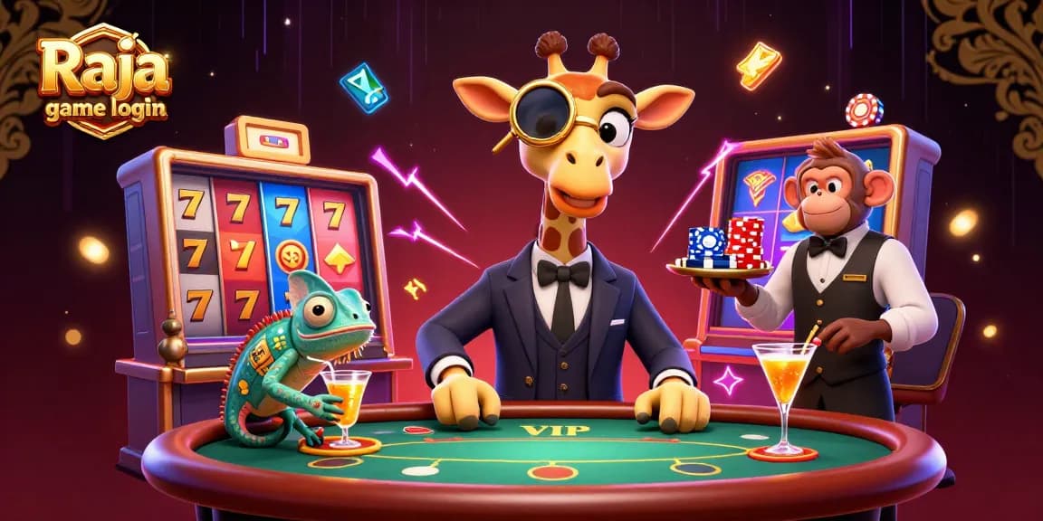 Engage in exciting Raja game login followed by your gaming adventure with vibrant slot machines and animated characters.