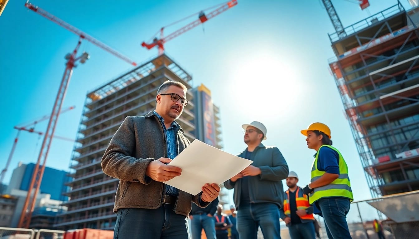 Dynamic scene featuring a New York Construction Manager managing a busy construction site.