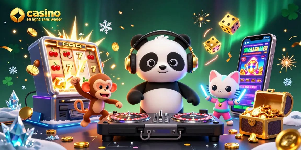 Engagez-vous avec le casino en ligne sans wager alors qu'un panda DJ mixe et que des pièces de jackpot explosent.