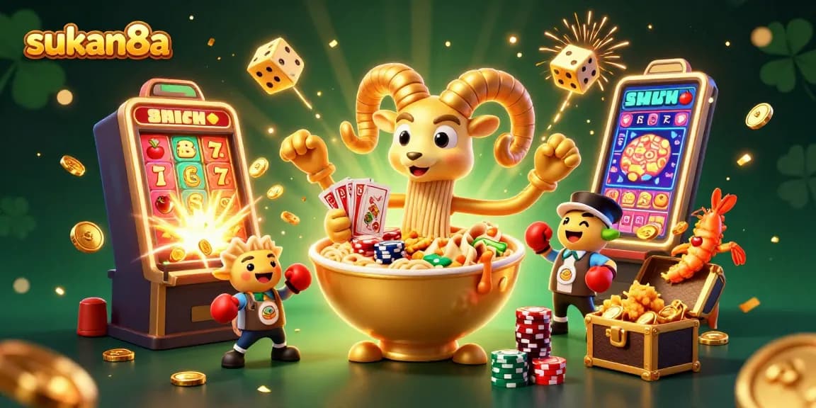 Sukan8a brings excitement as a giant ramen bowl deals casino cards and stacks chips in a vibrant gambling scene.