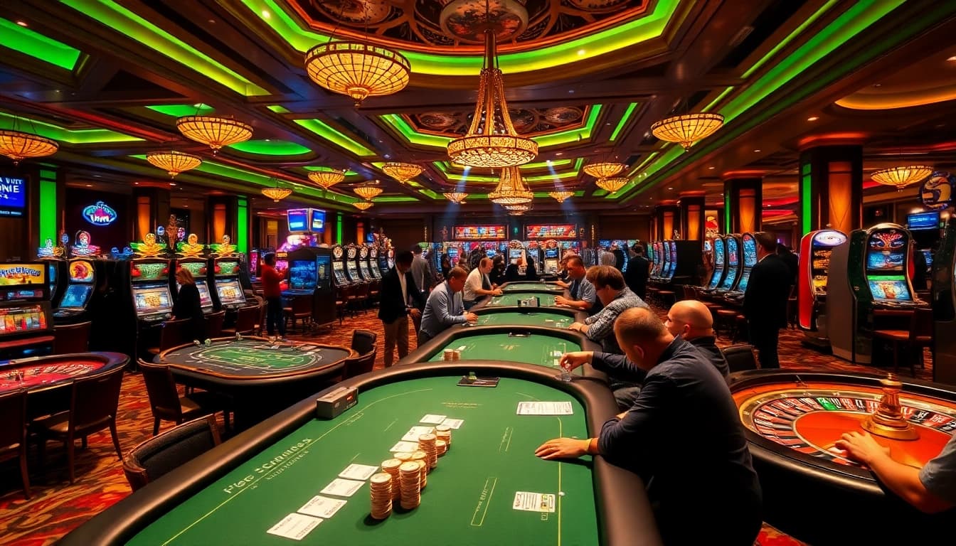 Experience thrilling gameplay at https://kkwin.co.com/ with vibrant casino visuals featuring poker tables and slot machines.
