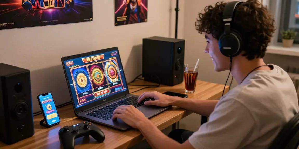 Player enjoying KOITOTO slot games at home, showcasing vibrant screens and gaming setup.