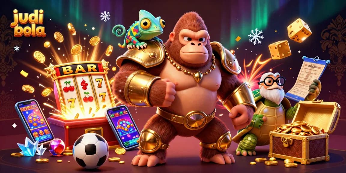 Engage in judi bola with an energetic scene featuring a mighty gorilla, chameleon, and tortoise amid casino elements.