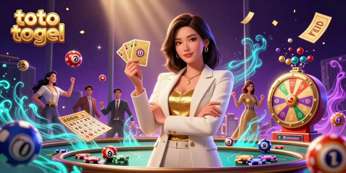 Seru bermain toto togel dengan elemen lotere yang cerah dan seorang pebisnis wanita yang canggih di dalam suasana kasino yang dinamis.