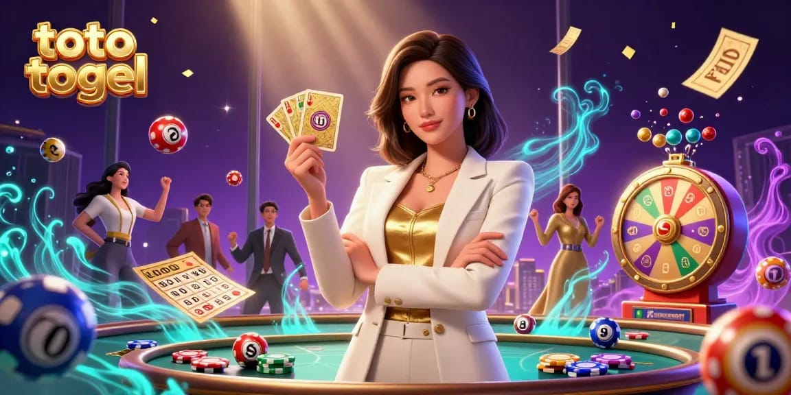 Seru bermain toto togel dengan elemen lotere yang cerah dan seorang pebisnis wanita yang canggih di dalam suasana kasino yang dinamis.