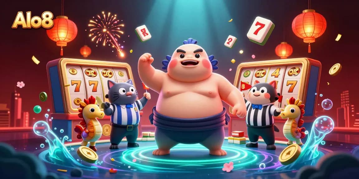 Alo8 casino scene showcasing a fugu blowfish sumo wrestler in a vibrant underwater ring with dynamic slot game elements.