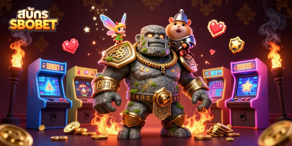Experience สมัคร SBOBET with an illustrated 3D scene featuring a golem, fairy, and hamster knight amidst vibrant casino elements.