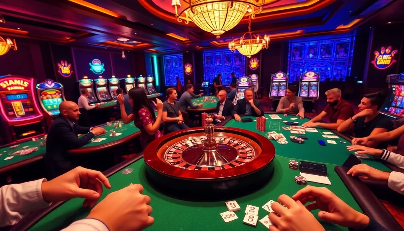 Des joueurs profitant de jeux à enjeux élevés au meilleur casino en ligne avec des tables de roulette et de poker.