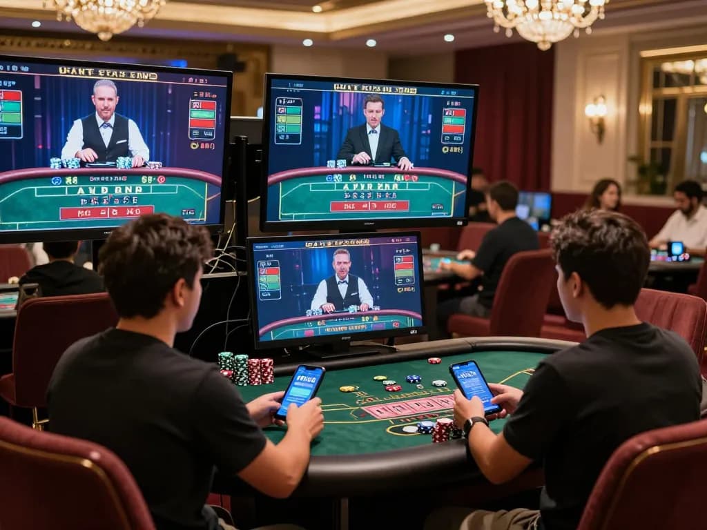 Engaging baccarat site gameplay with players immersed in live action and sophisticated online casino setting.