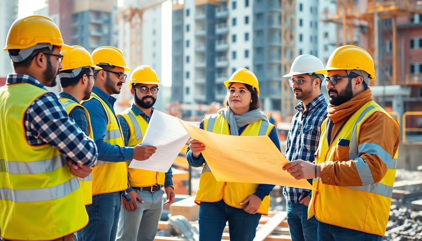 Construction workforce development in action with diverse workers collaborating at a lively job site.