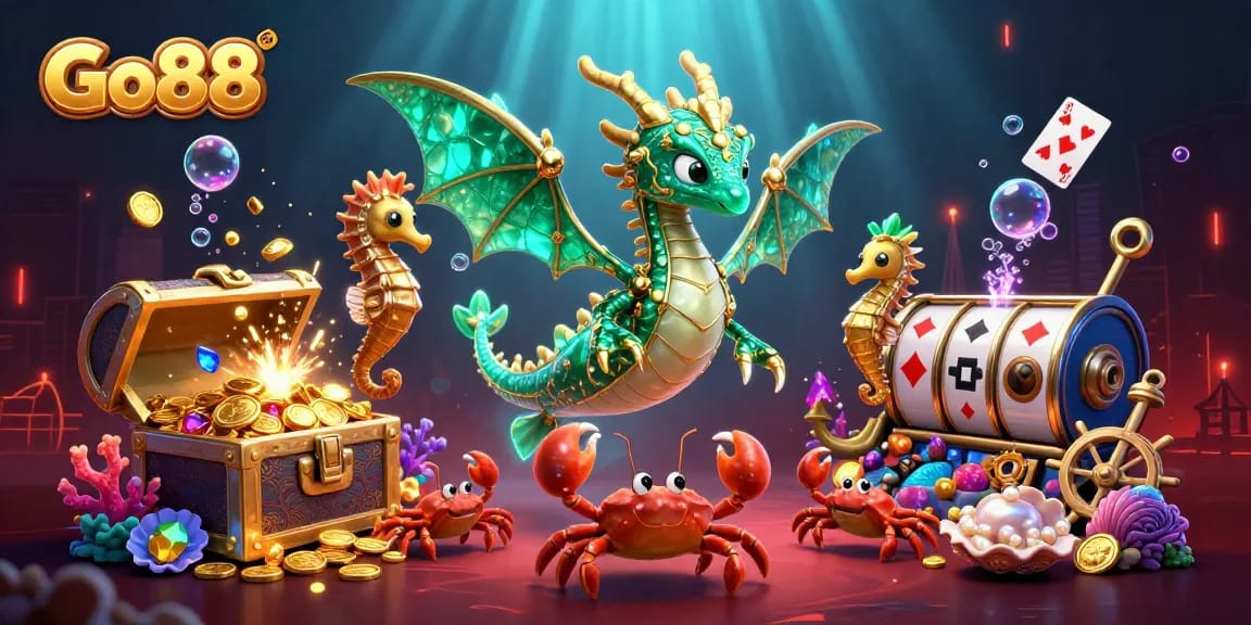 Experience Go88's thrilling gaming action with an emerald sea dragon and treasure-filled underwater scene.