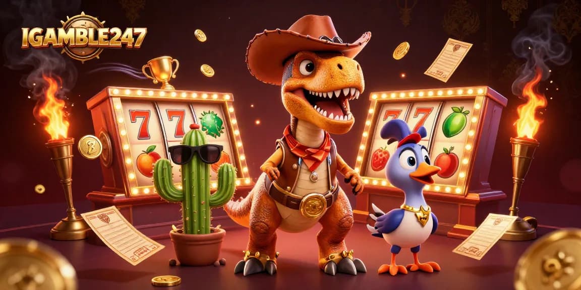 Spin to win at IGAMBLE247 with thrilling slot reels and vibrant casino characters!