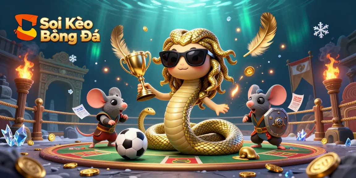 Soi Kèo Bóng Đá betting action scene with Medusa and warrior mouse in a dynamic sports arena.