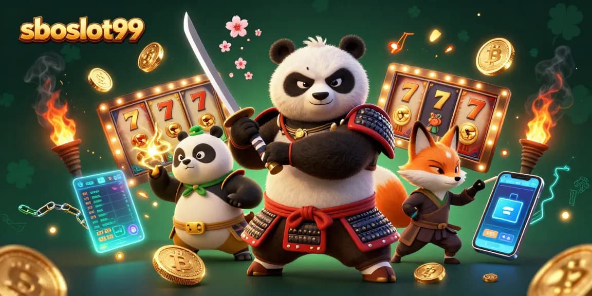 Win big with sboslot99 in this vibrant 3D slot game illustration featuring epic characters and gaming elements.