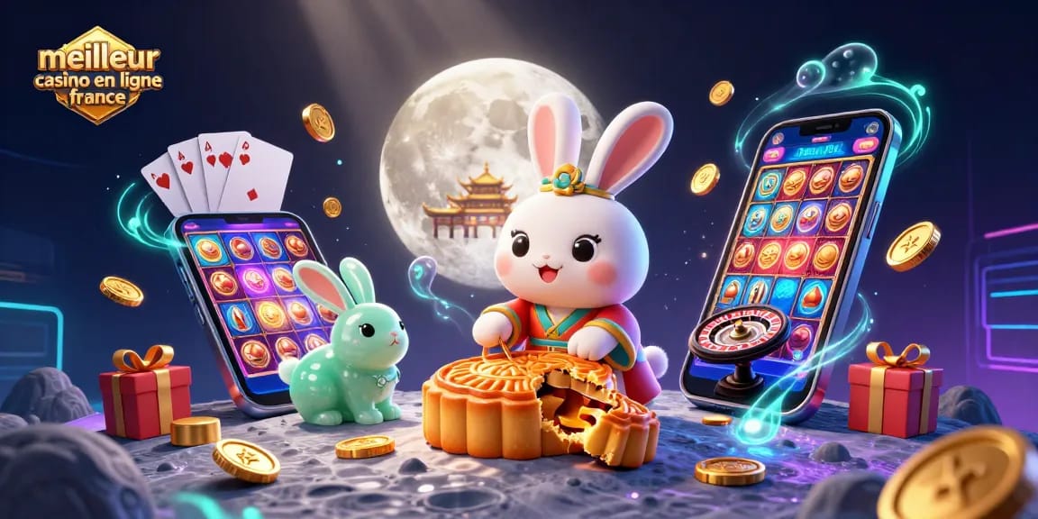 Illustration captivante de meilleur casino en ligne France avec un lapin de lune et des jetons de poker.