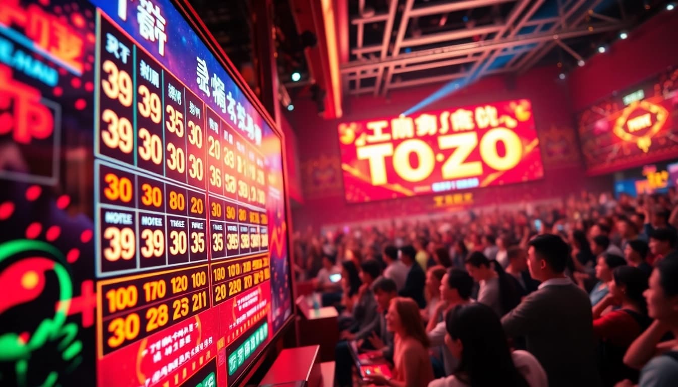 Menghadirkan suasana Toto Macau yang meriah dengan papan undian dan kerumunan penonton.