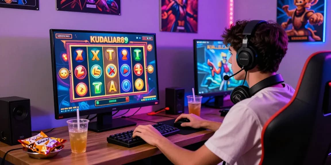 Platform slot online Kudaliar89, pemain asyik bermain di ruang nyaman, suasana gaming yang energik.