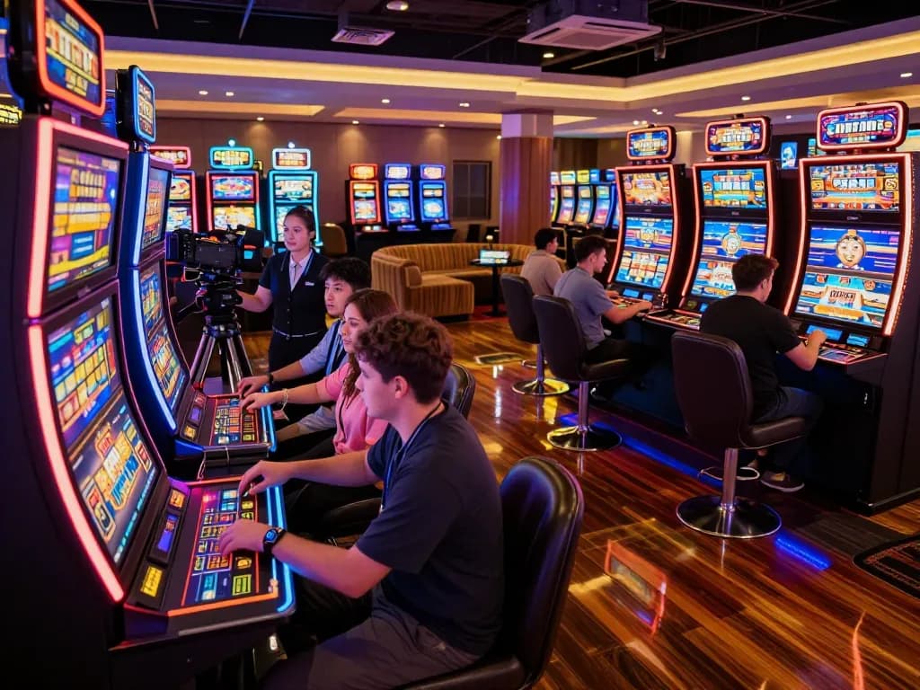 Players enjoying JPTOTO slots with vibrant displays, showcasing exciting casino atmosphere.