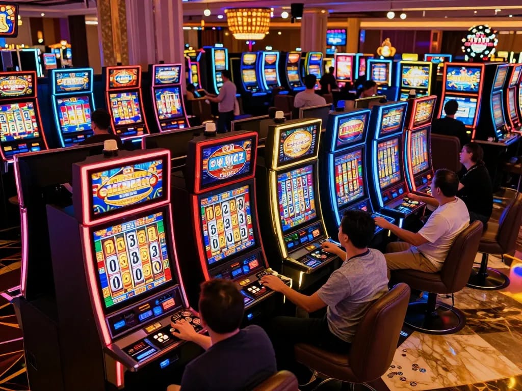 Players enjoying vibrant slot machines at Las Vegas casino, winstrike69 gaming excitement captured